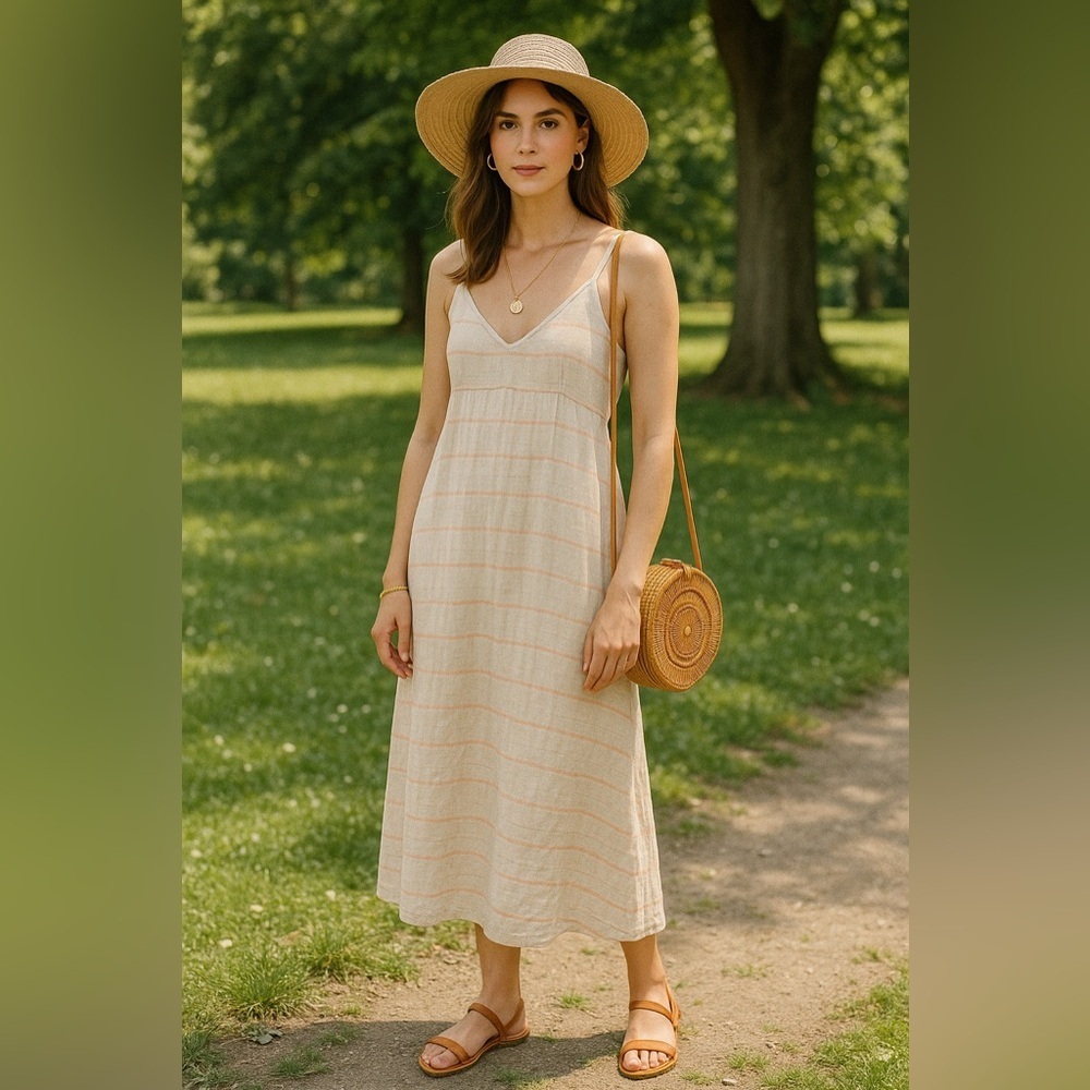 J.CREW Linen Cotton Blend Peach Cream Stripes Midi Dress No Size Tag - Picture 1 of 15